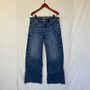 AE Stretch Low-Rise Baggy Wide-Leg Raw Hem Med Blue Denim Jeans Size 12 Long